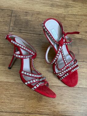 Pura Lopez Red Studded Suede Strappy High Heels